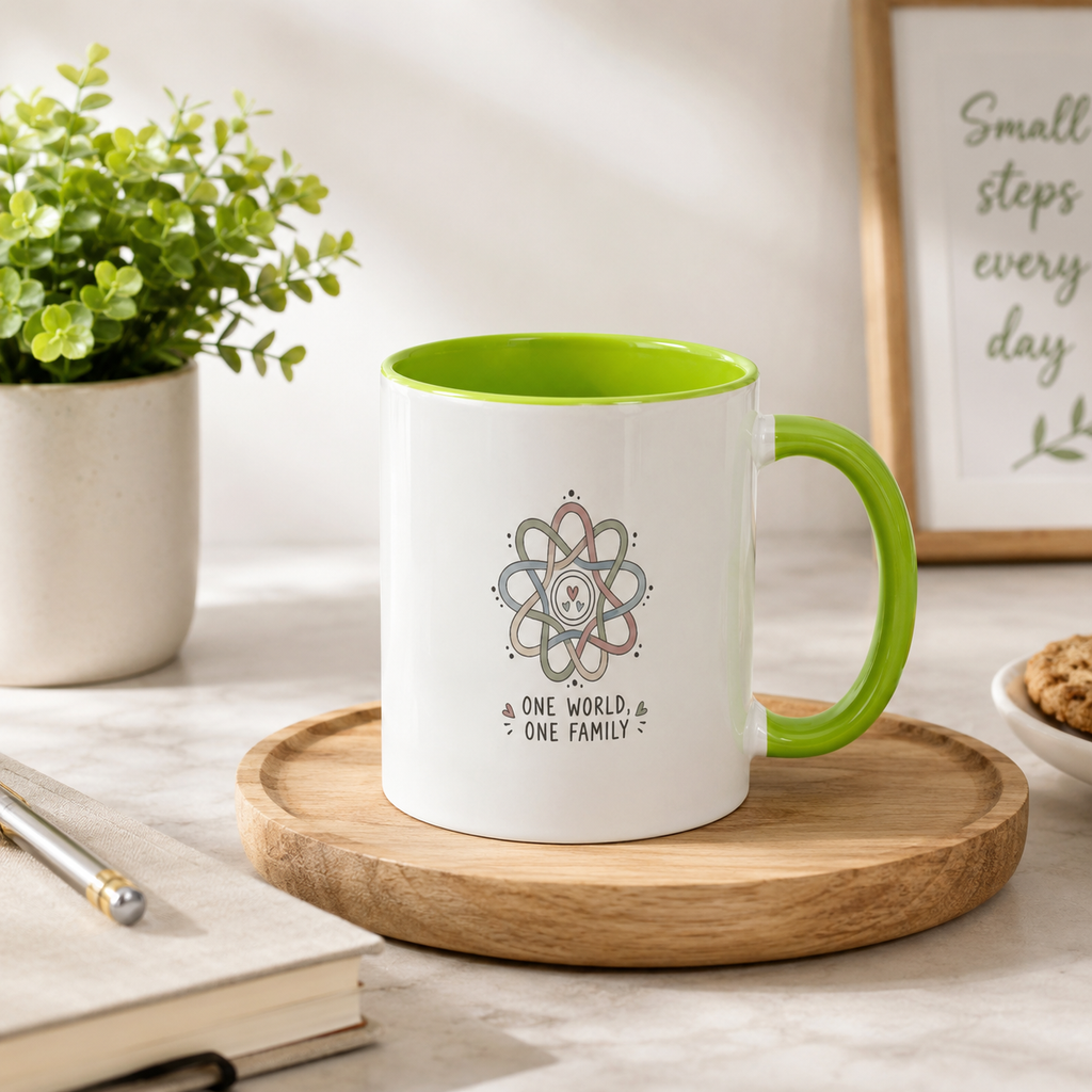 One World One Family 11oz Two-Tone Ceramic Mug – Fluorescent Green Interior & Handle