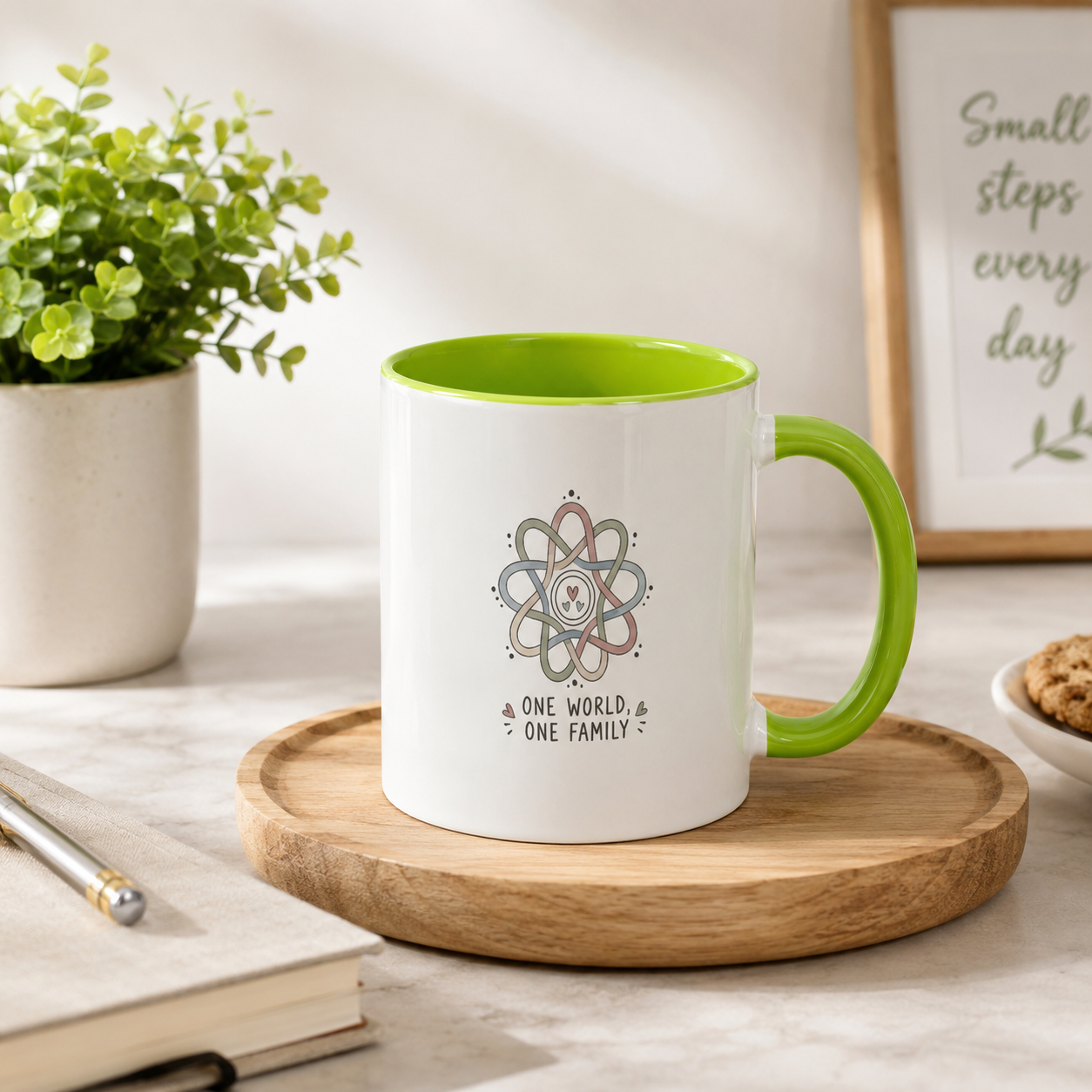 One World One Family 11oz Two-Tone Ceramic Mug – Fluorescent Green Interior & Handle