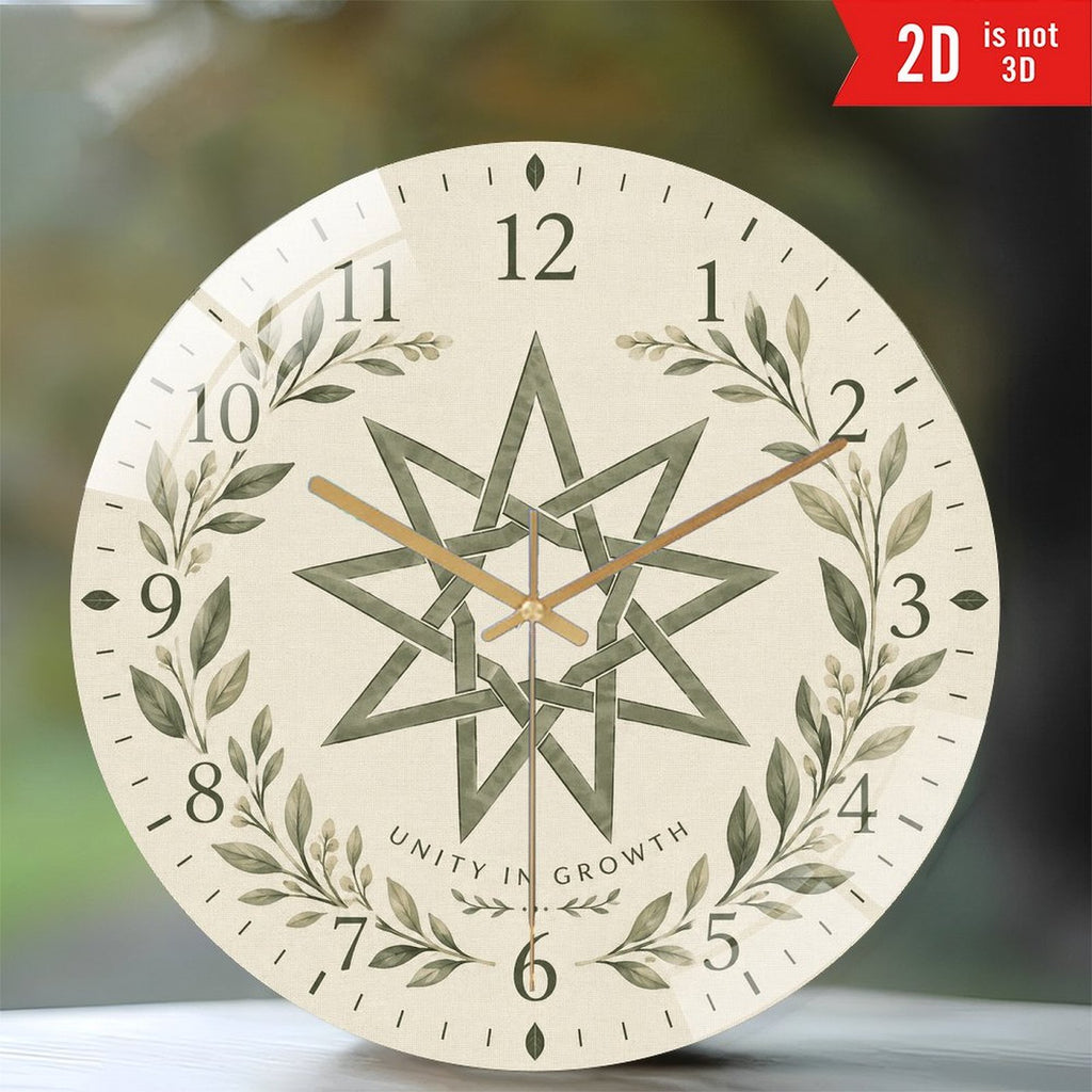 Bahá’í Nine-Pointed Star Silent Wall Clock – Unity in Growth Botanical Design, 8-Inch Flat Acrylic Clock
