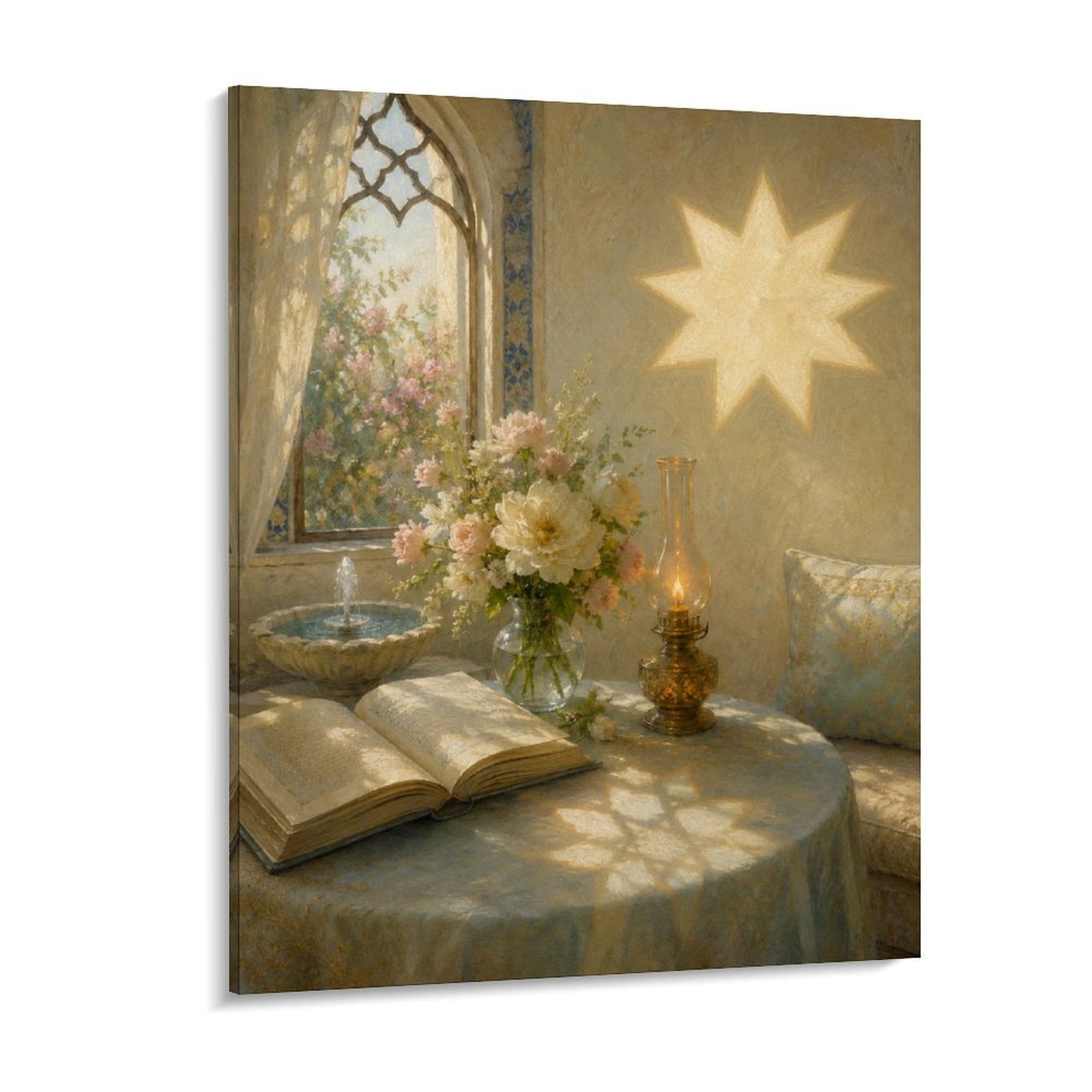 Radiant Nine-Pointed Star Reading Nook Framed Canvas Wall Art – Floral Vintage Interior Painting