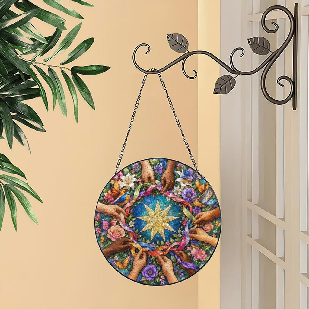 Unity in Diversity Round Glass Hanging Ornament – Nine-Pointed Star Floral Suncatcher