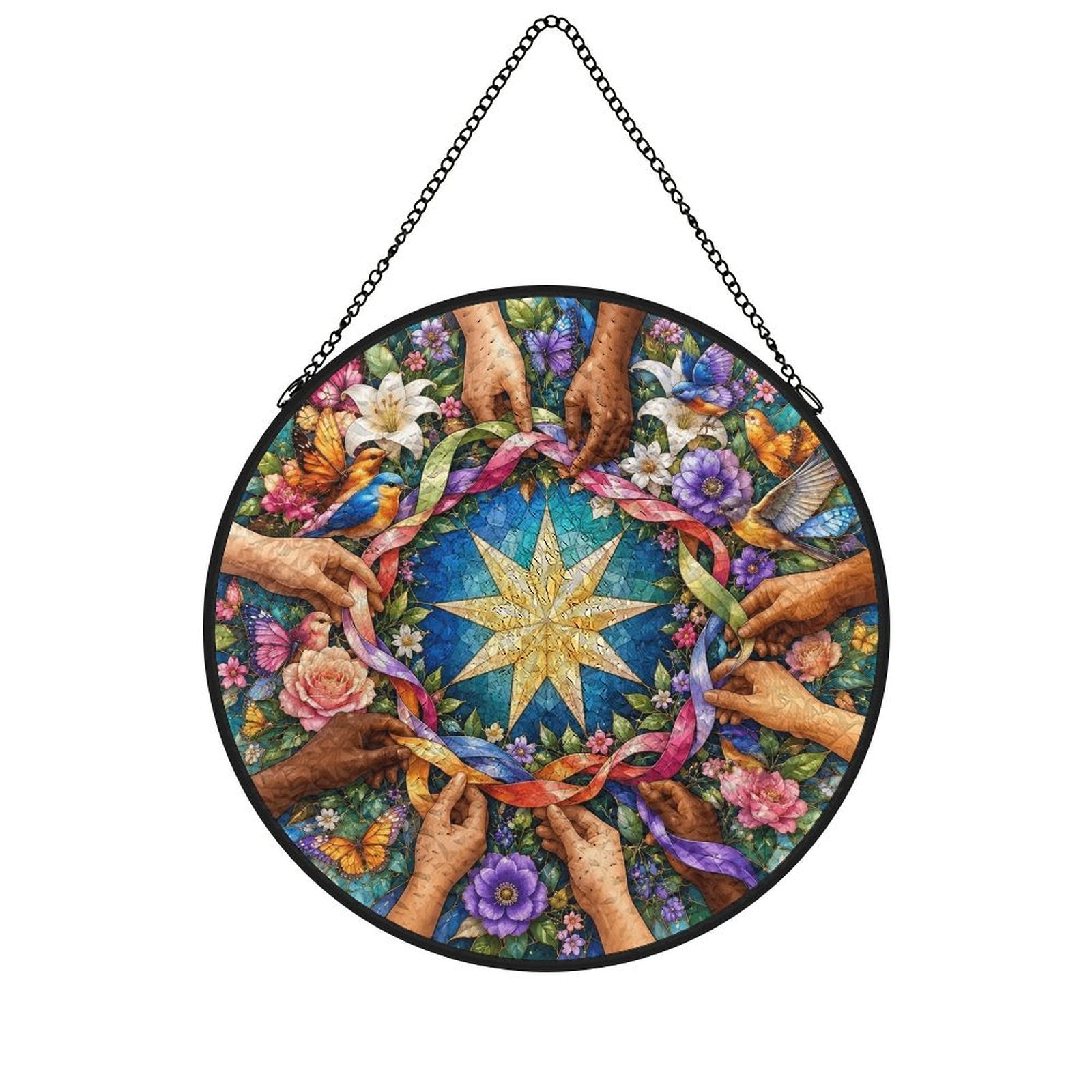 Unity in Diversity Round Glass Hanging Ornament – Nine-Pointed Star Floral Suncatcher