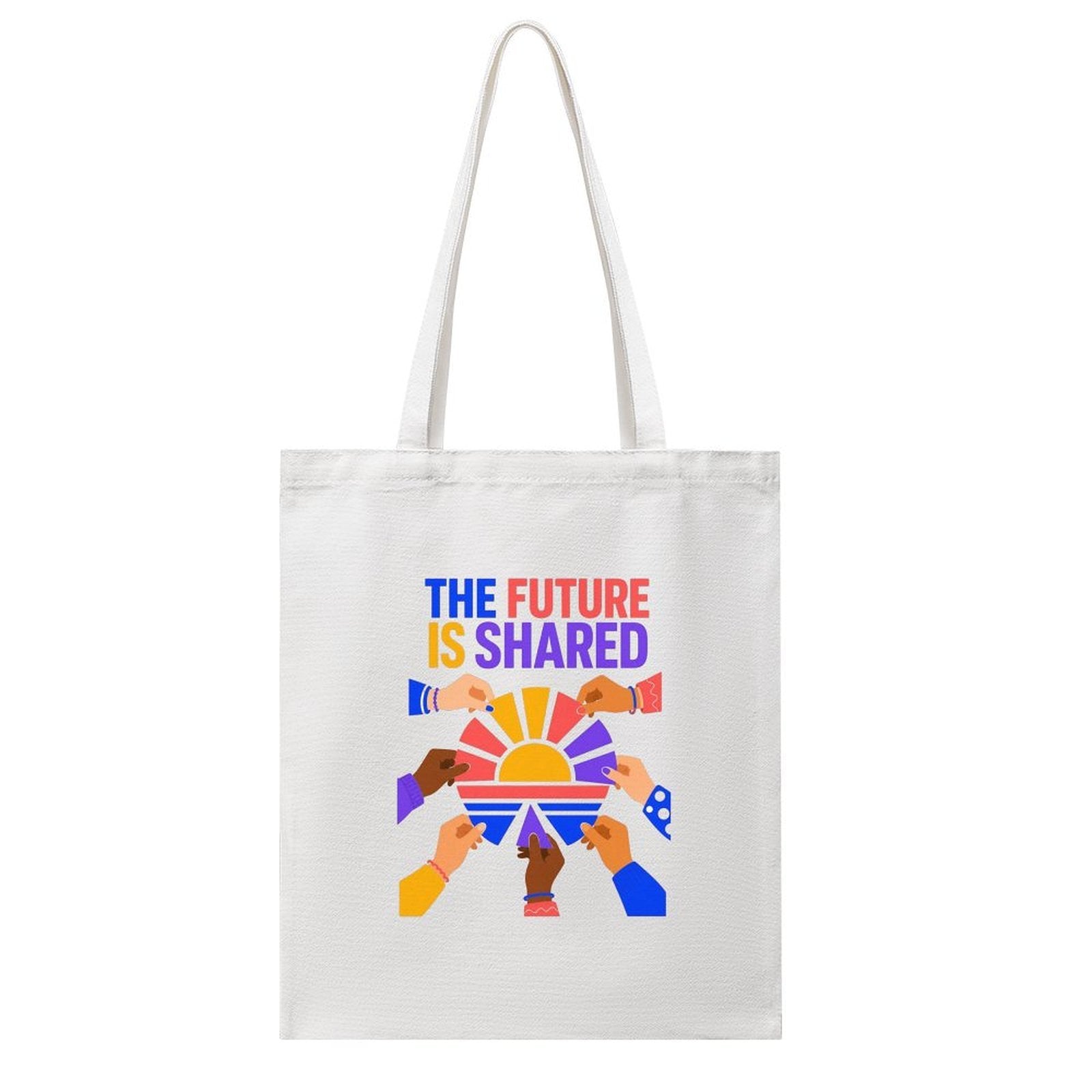 The Future Is Shared Unity Canvas Tote Bag – Colorful Diversity Reusable Shoulder Bag