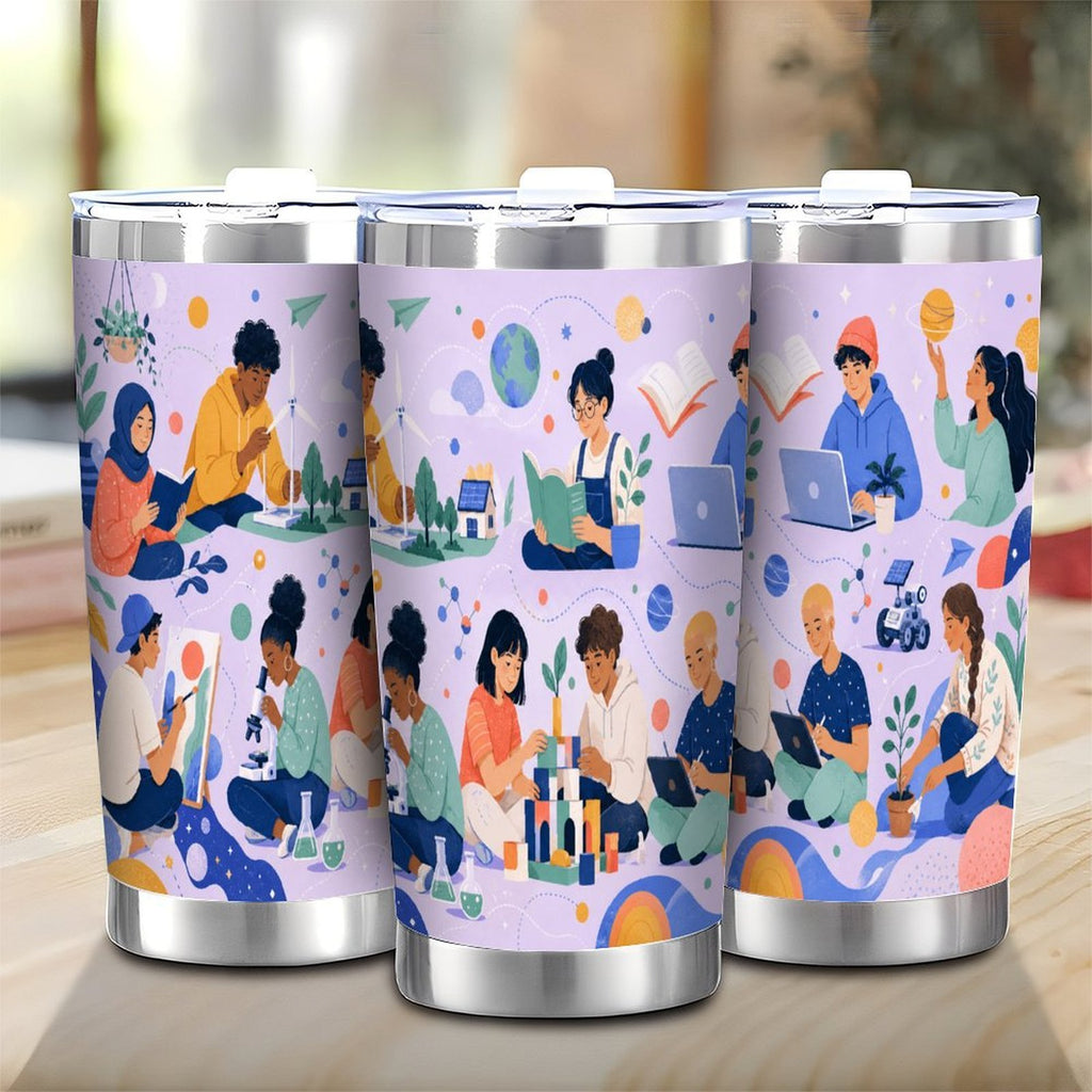 20oz Unity & Learning Stainless Steel Travel Tumbler with Lid – Double Silver Rim Car Cup