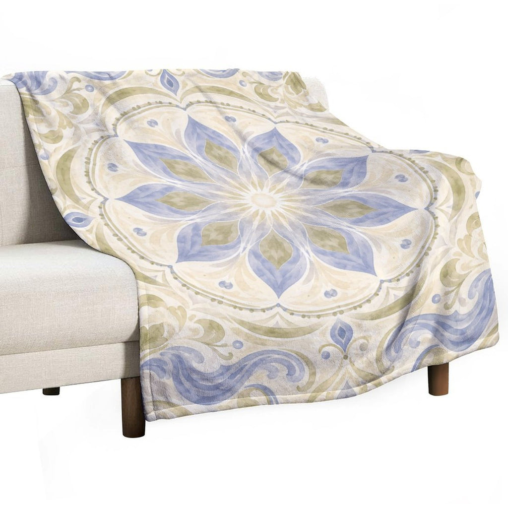 Blue & Sage Floral Mandala Flannel Fleece Blanket – Ultra-Soft Cozy Throw