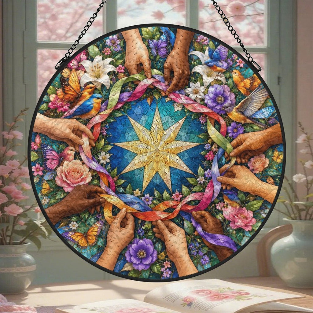 Unity in Diversity Round Glass Hanging Ornament – Nine-Pointed Star Floral Suncatcher