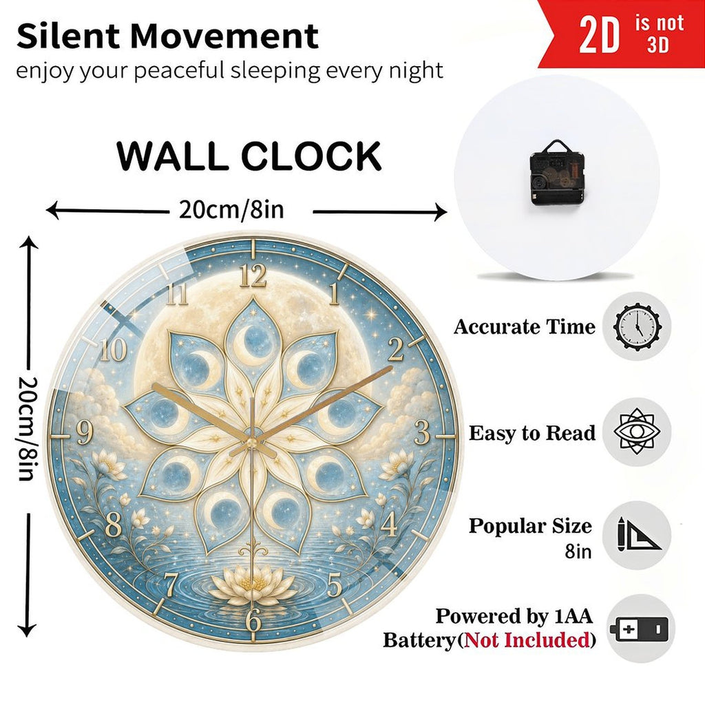 Celestial Nine-Petal Lotus Moon Wall Clock – 8-Inch Silent Non-Ticking Acrylic Clock