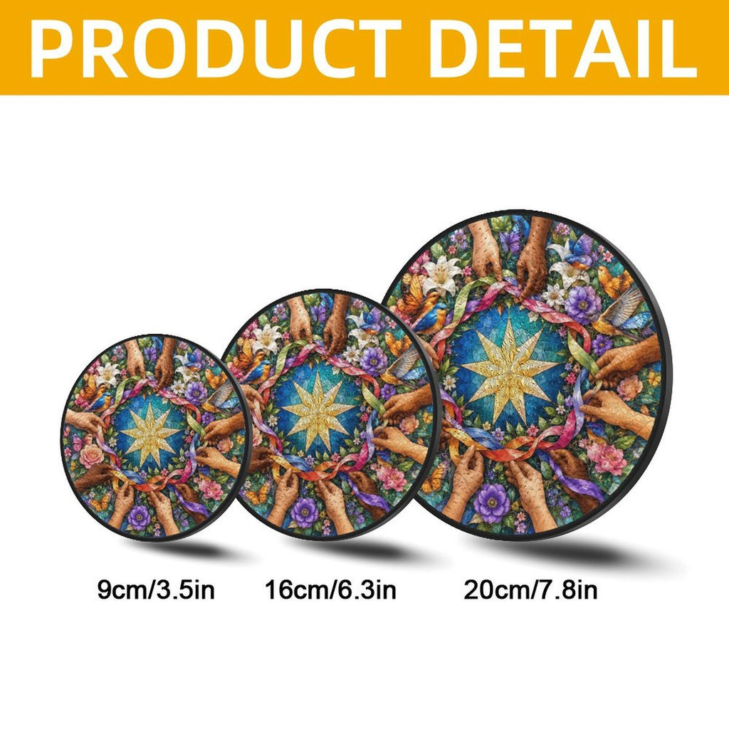 Unity in Diversity Round Glass Hanging Ornament – Nine-Pointed Star Floral Suncatcher