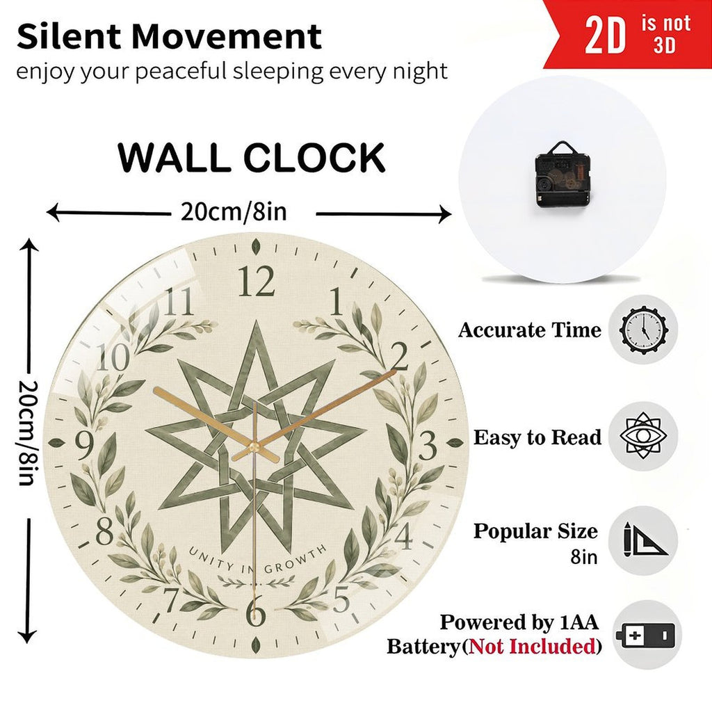 Bahá’í Nine-Pointed Star Silent Wall Clock – Unity in Growth Botanical Design, 8-Inch Flat Acrylic Clock