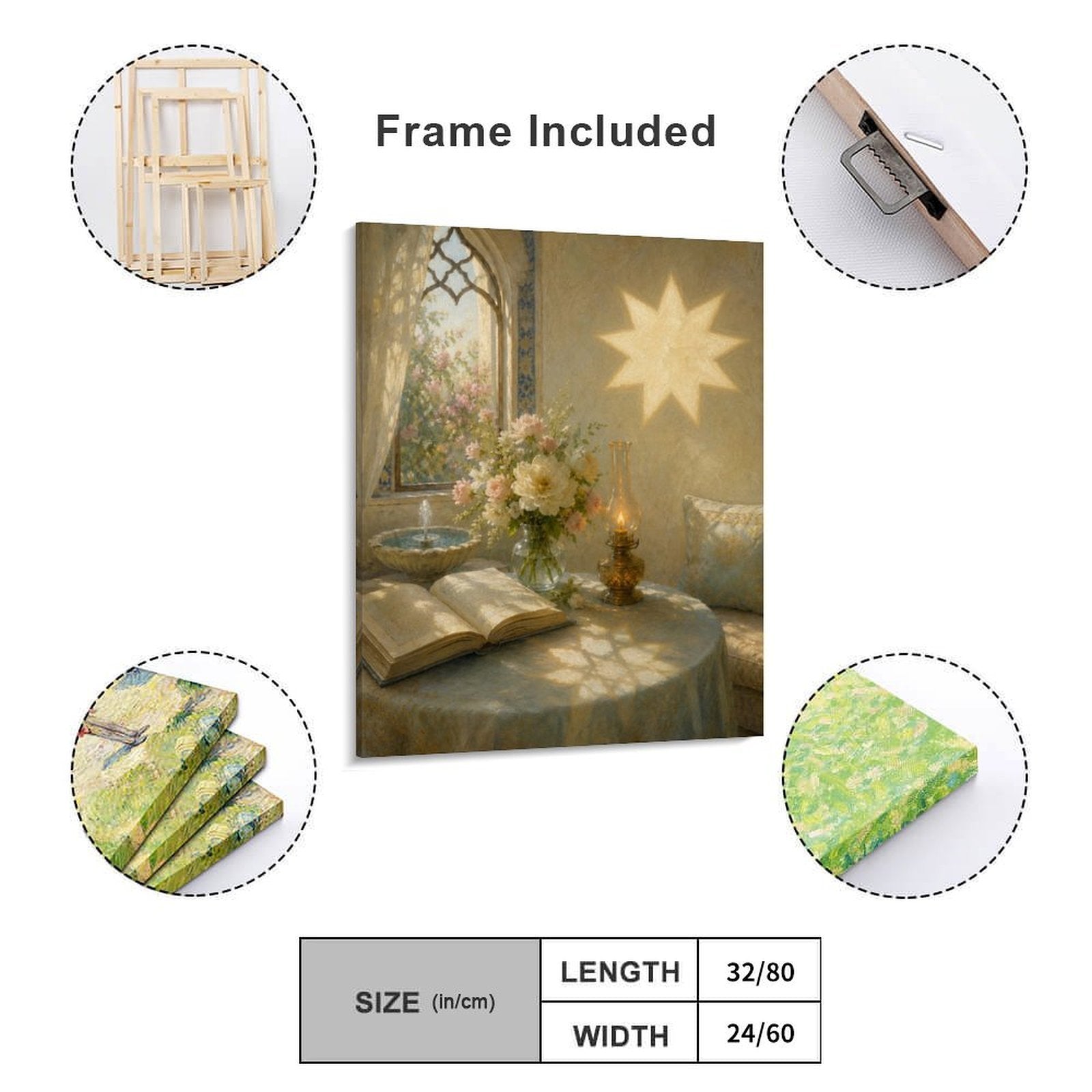 Radiant Nine-Pointed Star Reading Nook Framed Canvas Wall Art – Floral Vintage Interior Painting
