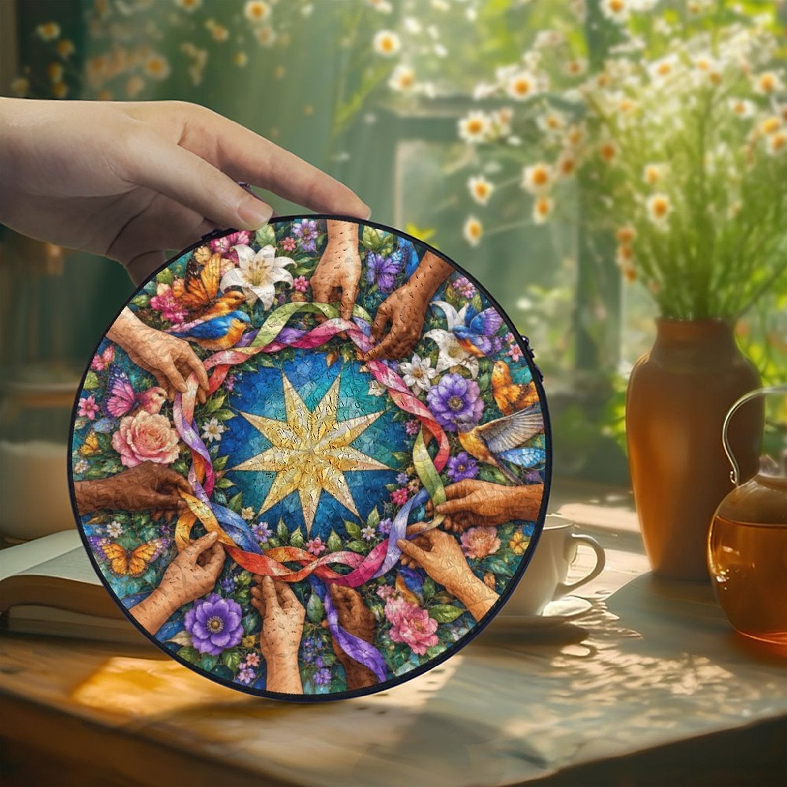 Unity in Diversity Round Glass Hanging Ornament – Nine-Pointed Star Floral Suncatcher