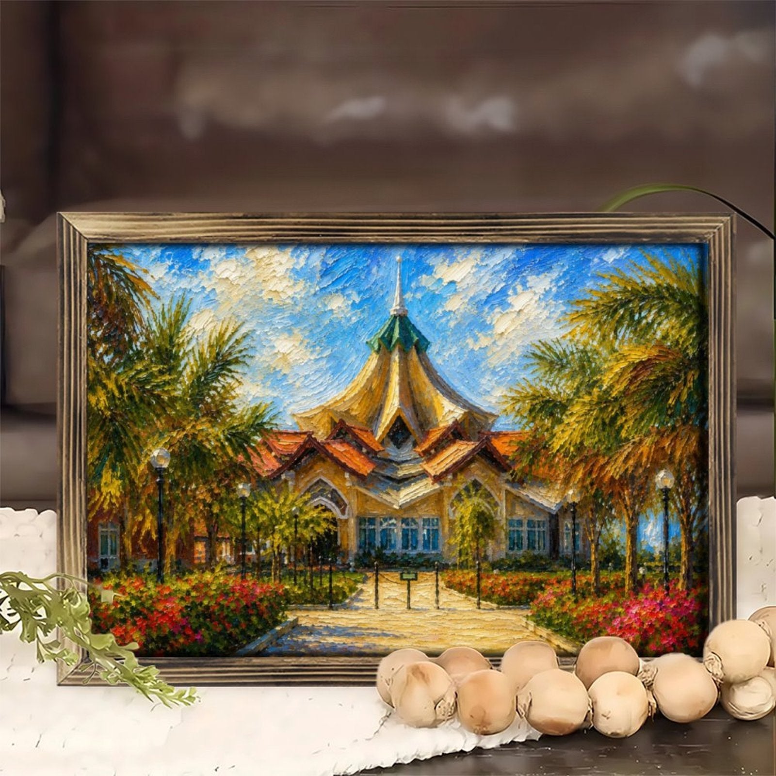 Bahá’í Temple Landscape Wooden Framed Art – Horizontal Tabletop & Wall Decor