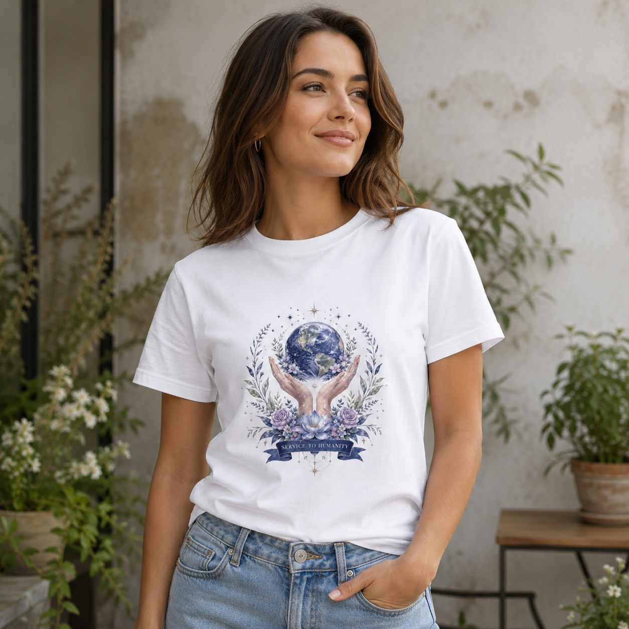 Service to Humanity Earth & Floral Graphic T-Shirt