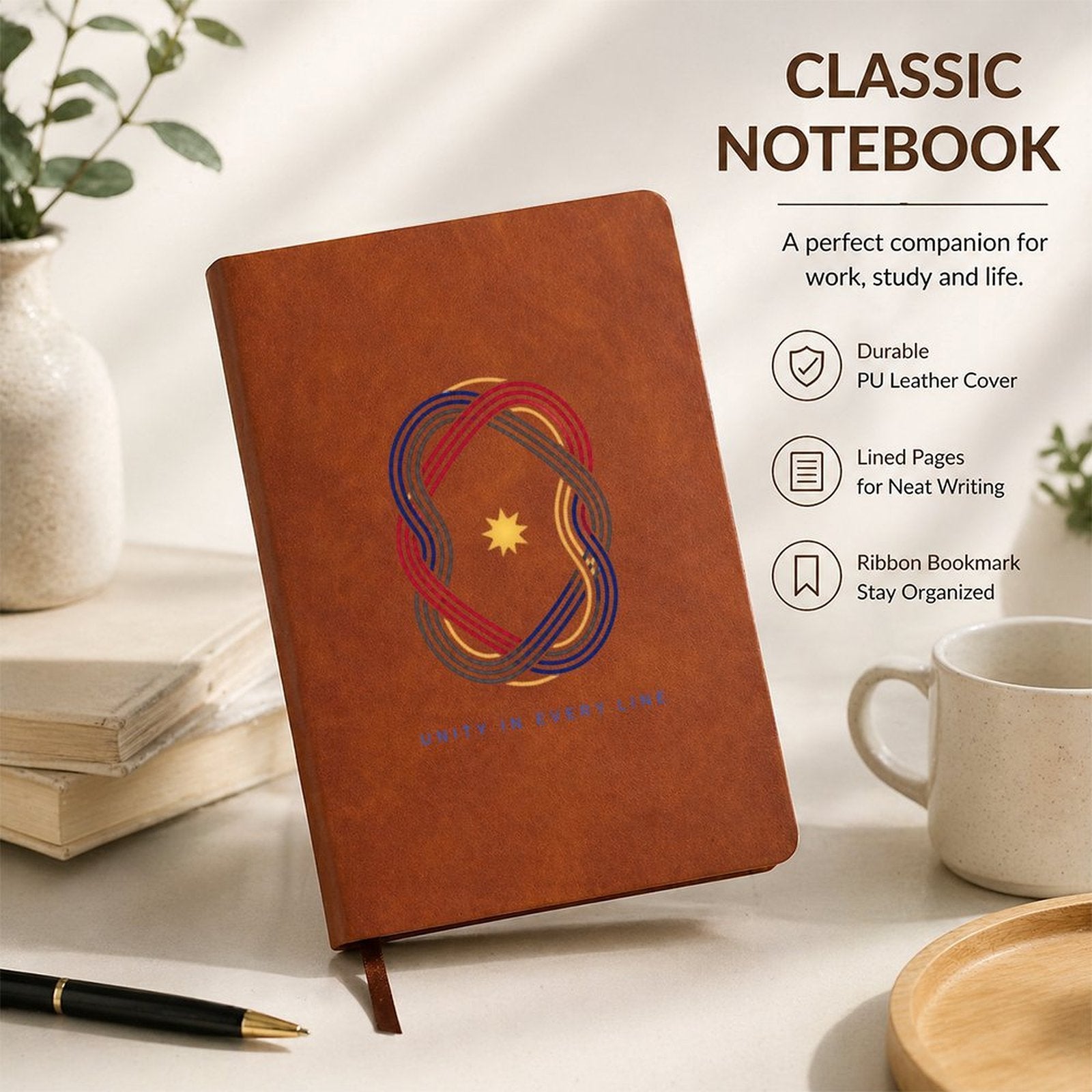 Unity in Every Line PU Leather Lined Journal Notebook with Ribbon Bookmark