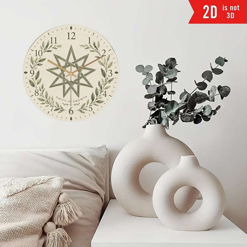 Bahá’í Nine-Pointed Star Silent Wall Clock – Unity in Growth Botanical Design, 8-Inch Flat Acrylic Clock