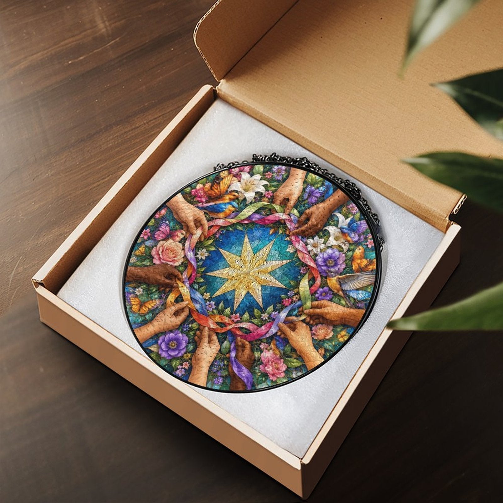 Unity in Diversity Round Glass Hanging Ornament – Nine-Pointed Star Floral Suncatcher