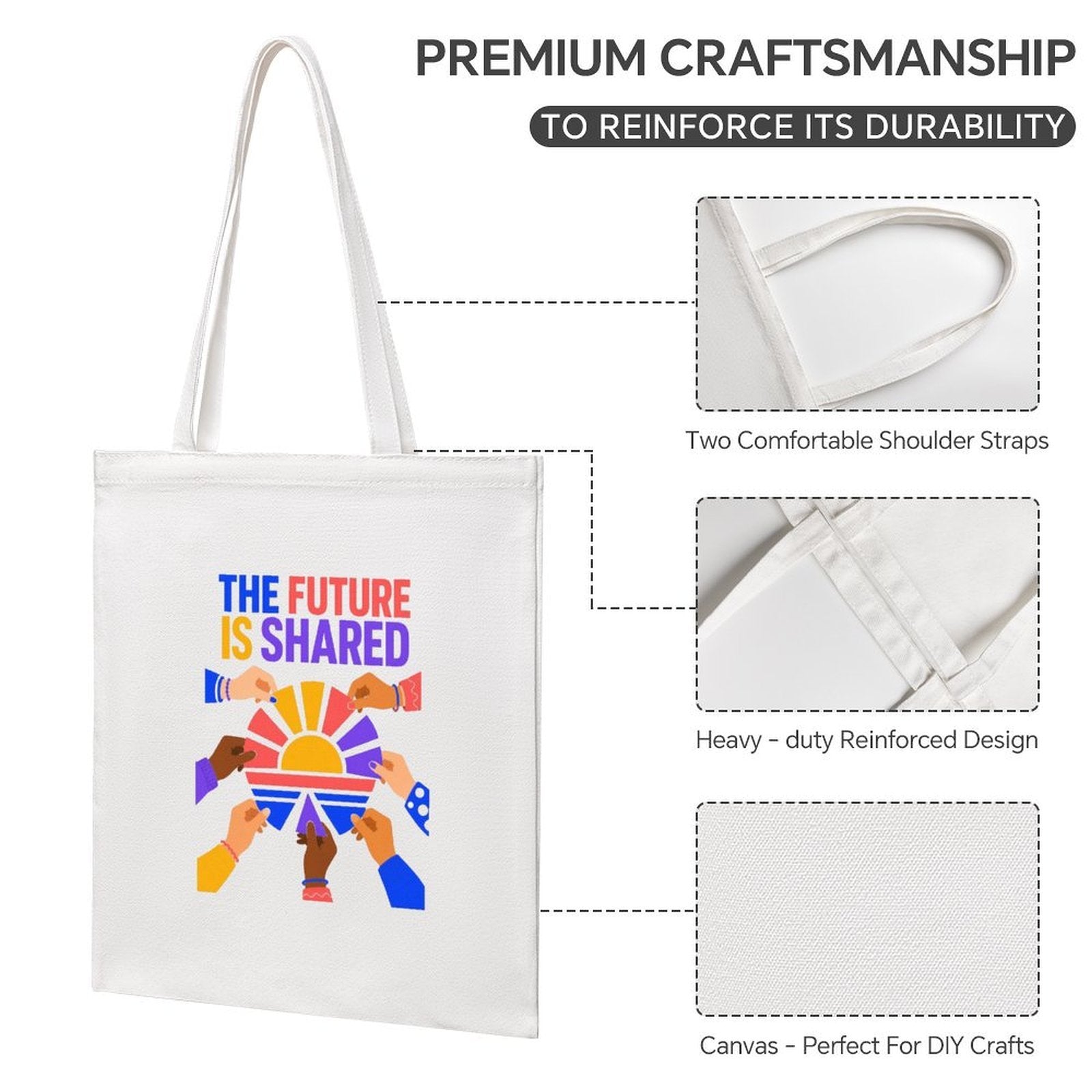 The Future Is Shared Unity Canvas Tote Bag – Colorful Diversity Reusable Shoulder Bag