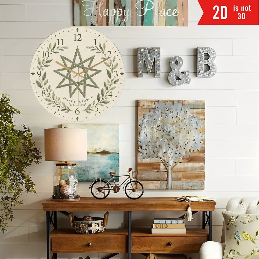 Bahá’í Nine-Pointed Star Silent Wall Clock – Unity in Growth Botanical Design, 8-Inch Flat Acrylic Clock