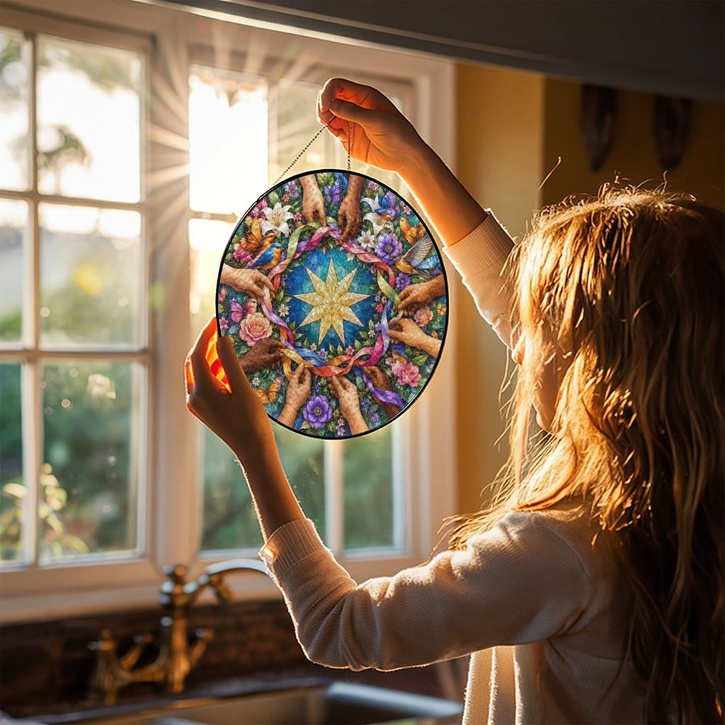 Unity in Diversity Round Glass Hanging Ornament – Nine-Pointed Star Floral Suncatcher