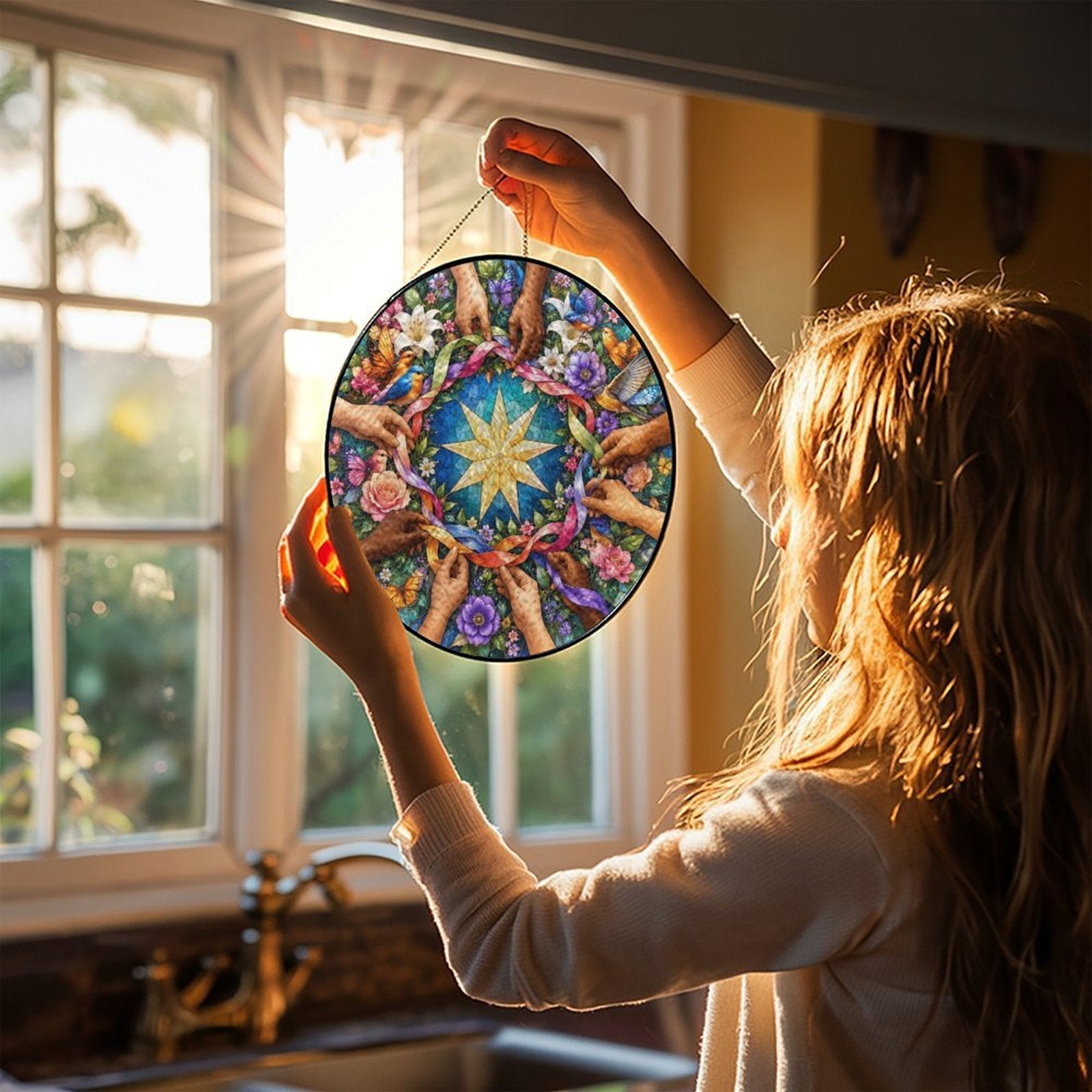 Unity in Diversity Round Glass Hanging Ornament – Nine-Pointed Star Floral Suncatcher
