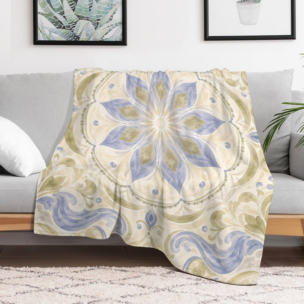 Blue & Sage Floral Mandala Flannel Fleece Blanket – Ultra-Soft Cozy Throw