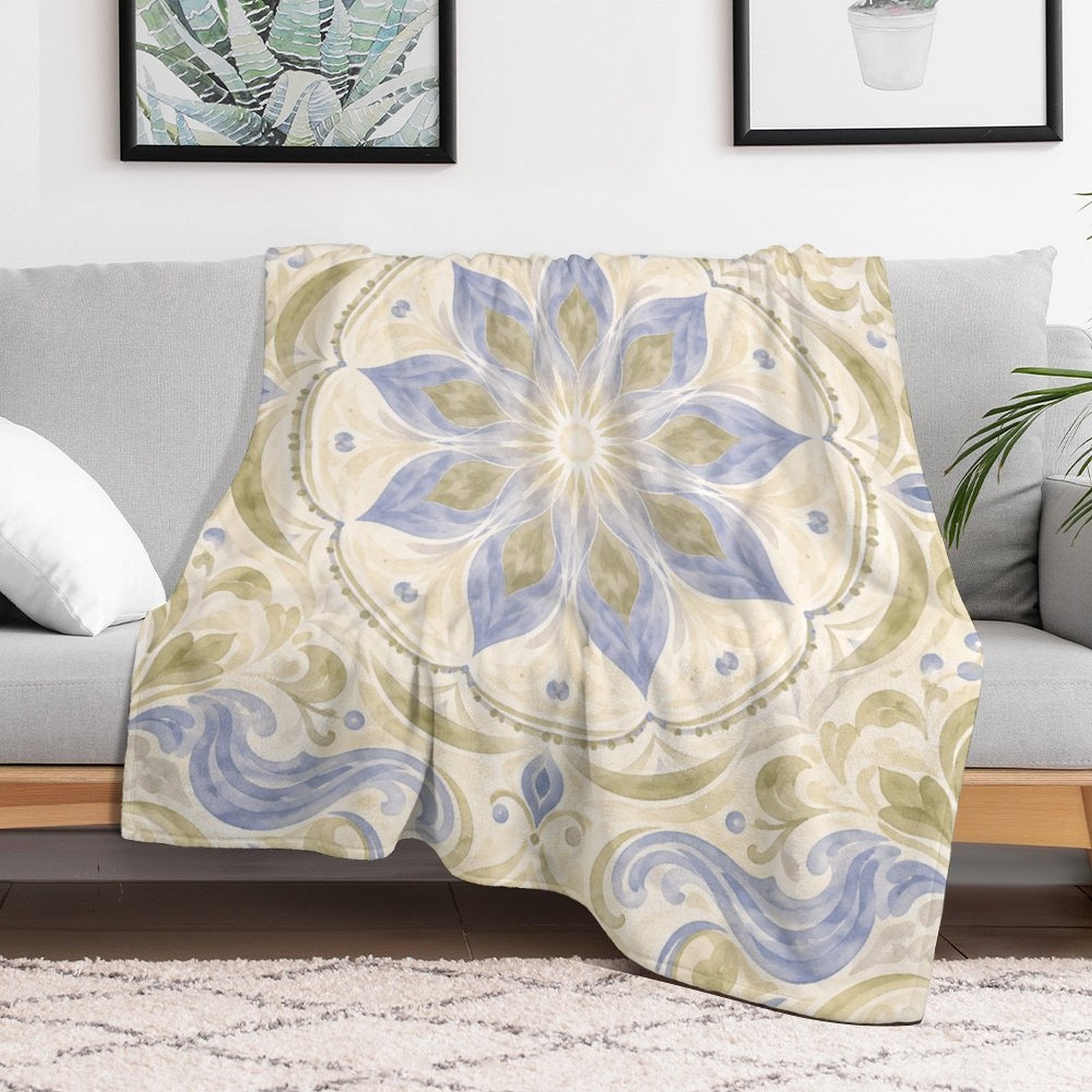 Blue & Sage Floral Mandala Flannel Fleece Blanket – Ultra-Soft Cozy Throw