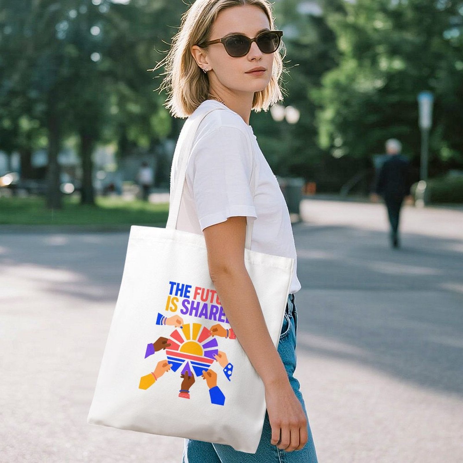 The Future Is Shared Unity Canvas Tote Bag – Colorful Diversity Reusable Shoulder Bag