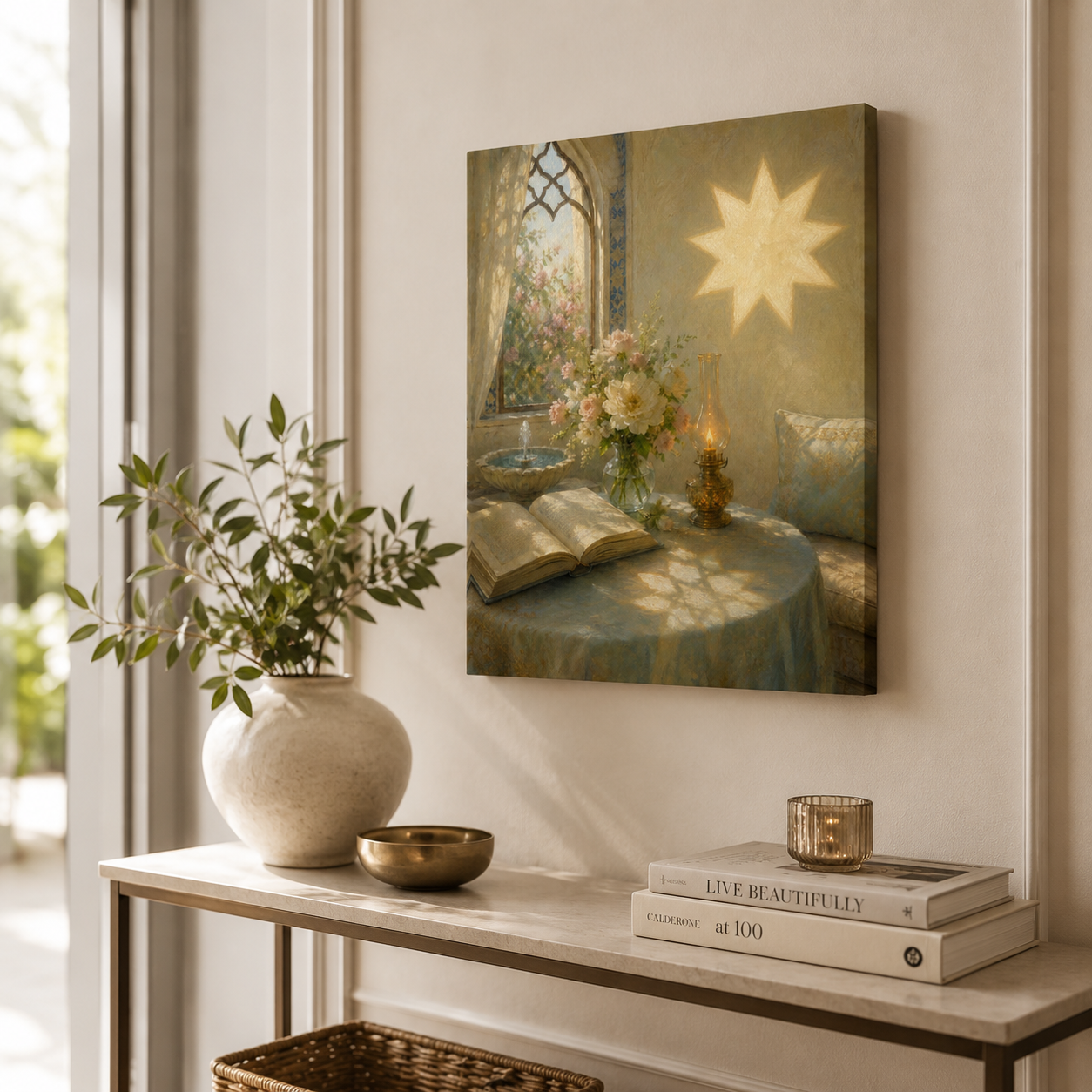 Radiant Nine-Pointed Star Reading Nook Framed Canvas Wall Art – Floral Vintage Interior Painting