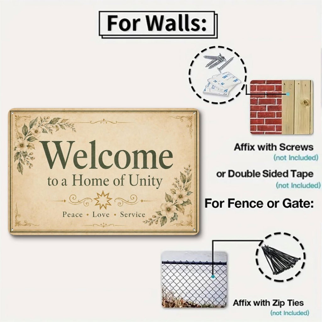 Welcome to a Home of Unity Tin Sign – Bahá’í-Inspired Peace, Love & Service Wall Art