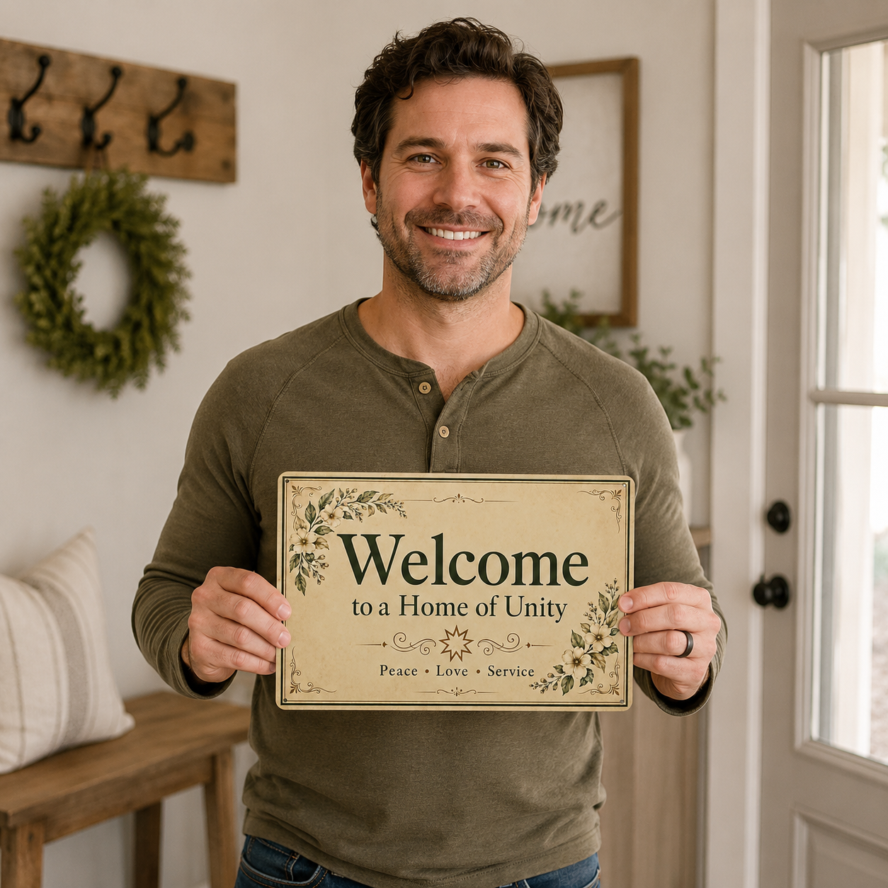 Welcome to a Home of Unity Tin Sign – Bahá’í-Inspired Peace, Love & Service Wall Art