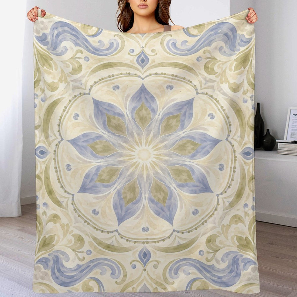 Blue & Sage Floral Mandala Flannel Fleece Blanket – Ultra-Soft Cozy Throw