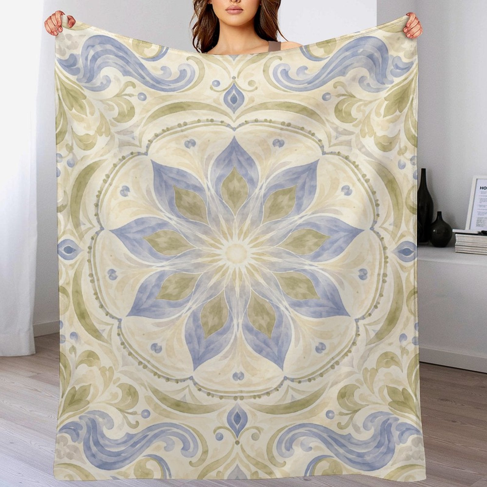Blue & Sage Floral Mandala Flannel Fleece Blanket – Ultra-Soft Cozy Throw