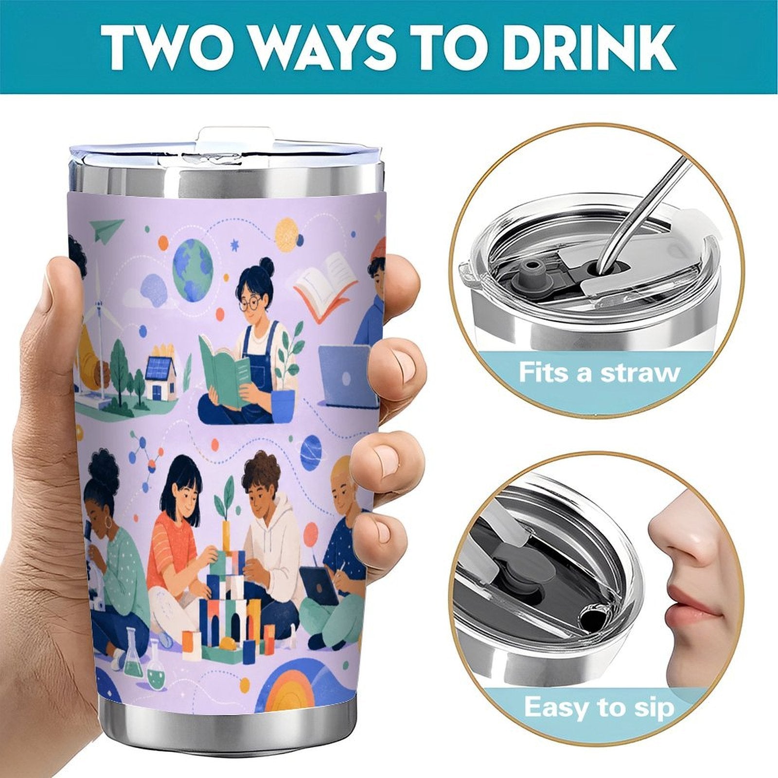 20oz Unity & Learning Stainless Steel Travel Tumbler with Lid – Double Silver Rim Car Cup
