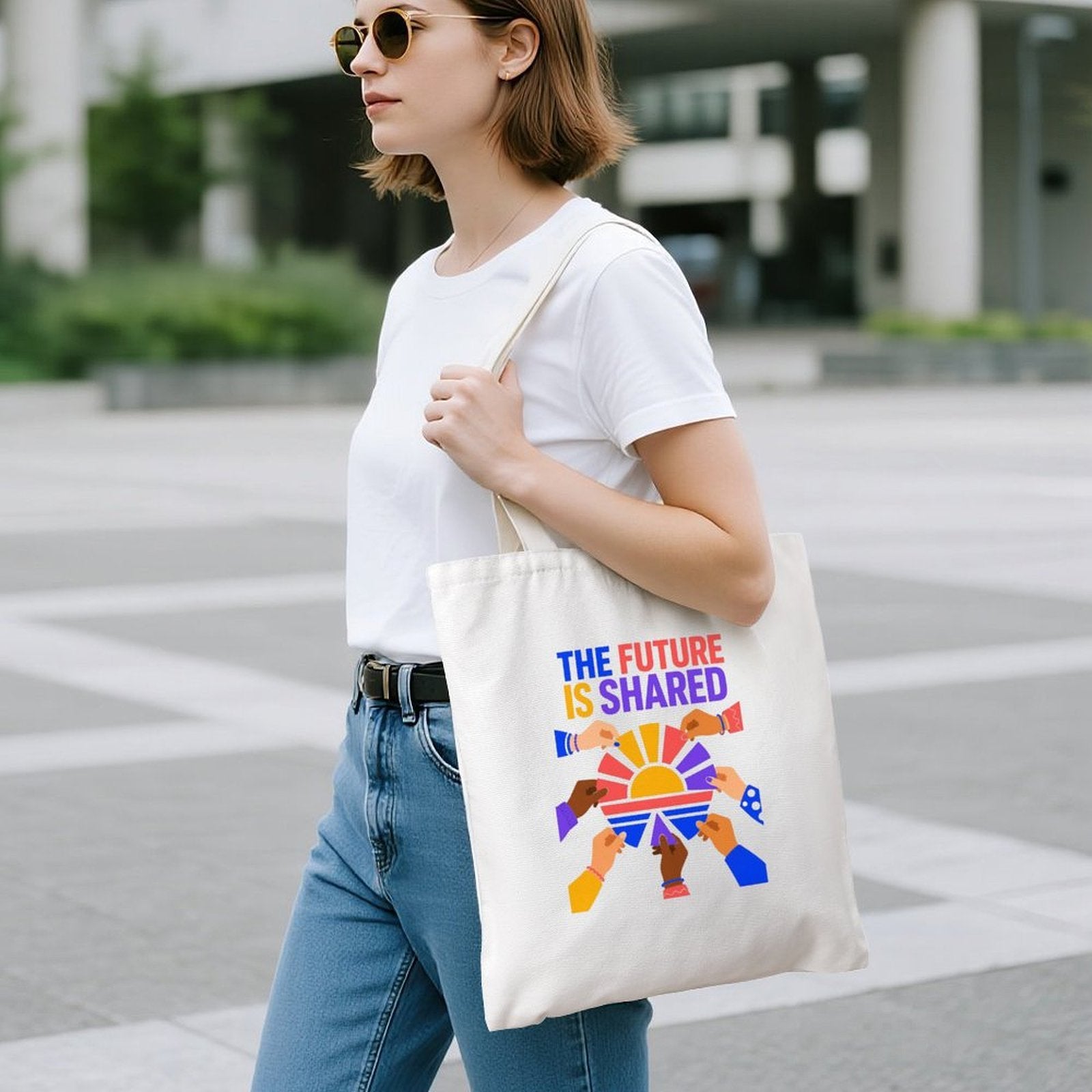 The Future Is Shared Unity Canvas Tote Bag – Colorful Diversity Reusable Shoulder Bag