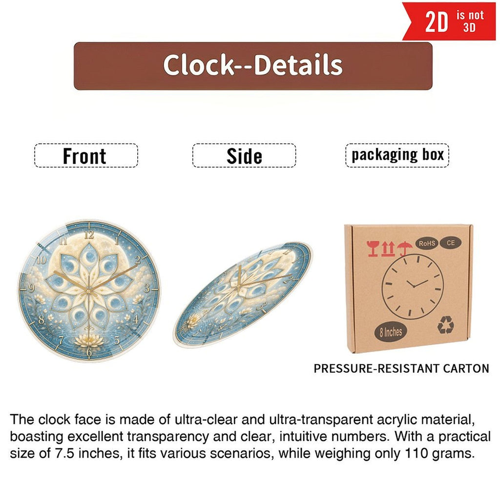 Celestial Nine-Petal Lotus Moon Wall Clock – 8-Inch Silent Non-Ticking Acrylic Clock