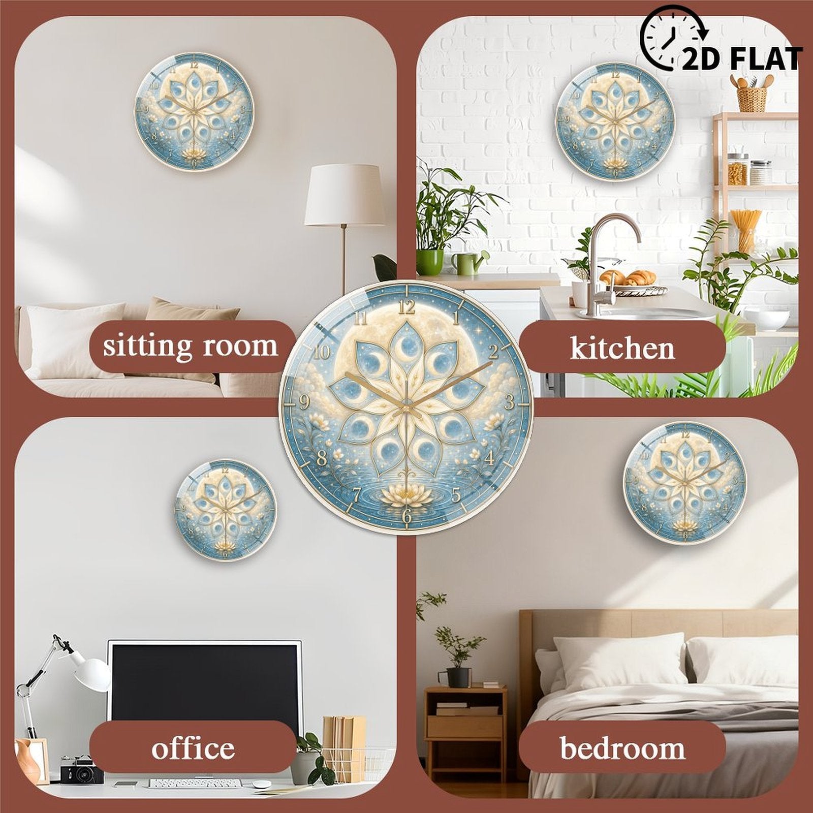 Celestial Nine-Petal Lotus Moon Wall Clock – 8-Inch Silent Non-Ticking Acrylic Clock