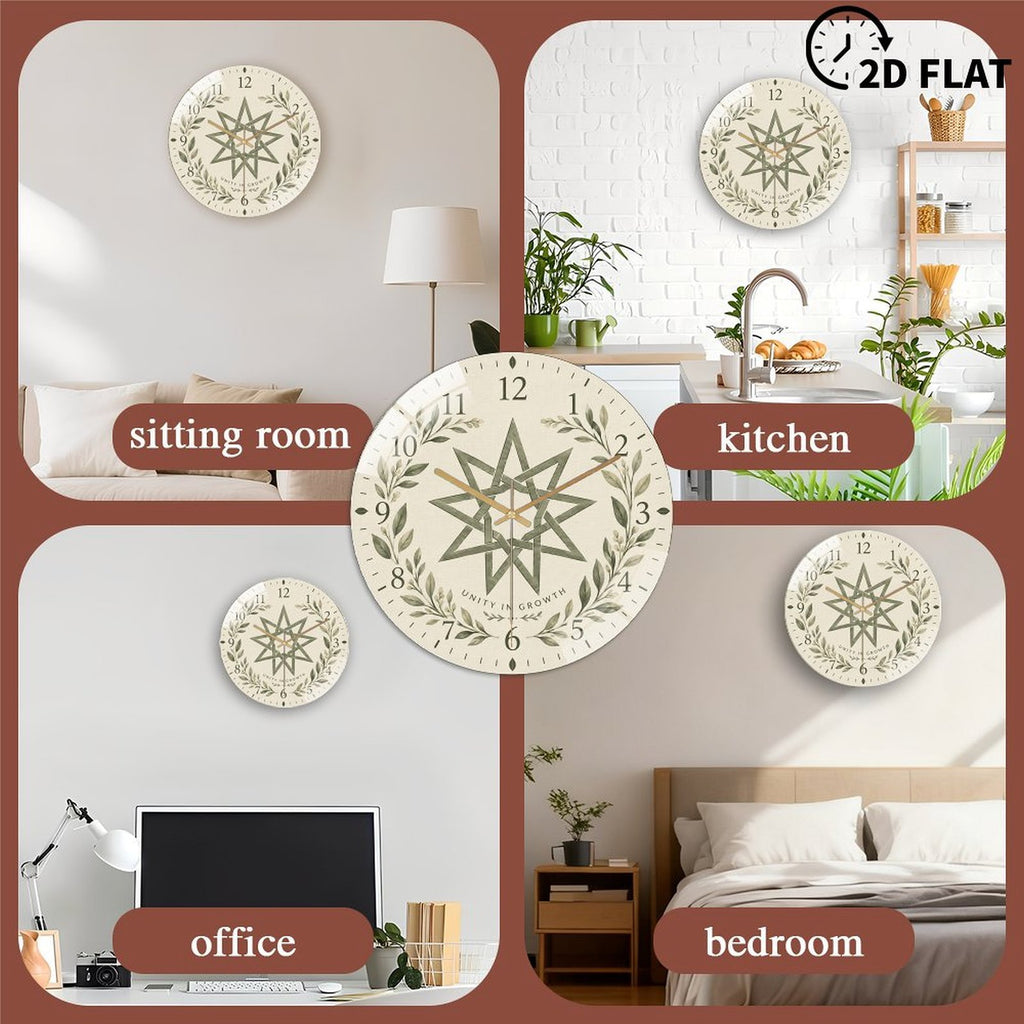 Bahá’í Nine-Pointed Star Silent Wall Clock – Unity in Growth Botanical Design, 8-Inch Flat Acrylic Clock