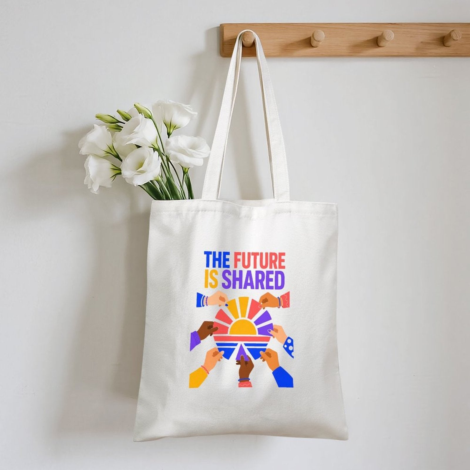 The Future Is Shared Unity Canvas Tote Bag – Colorful Diversity Reusable Shoulder Bag