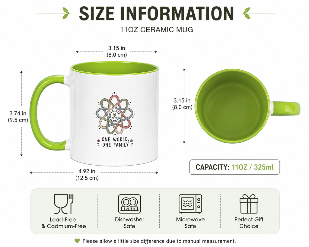 One World One Family 11oz Two-Tone Ceramic Mug – Fluorescent Green Interior & Handle