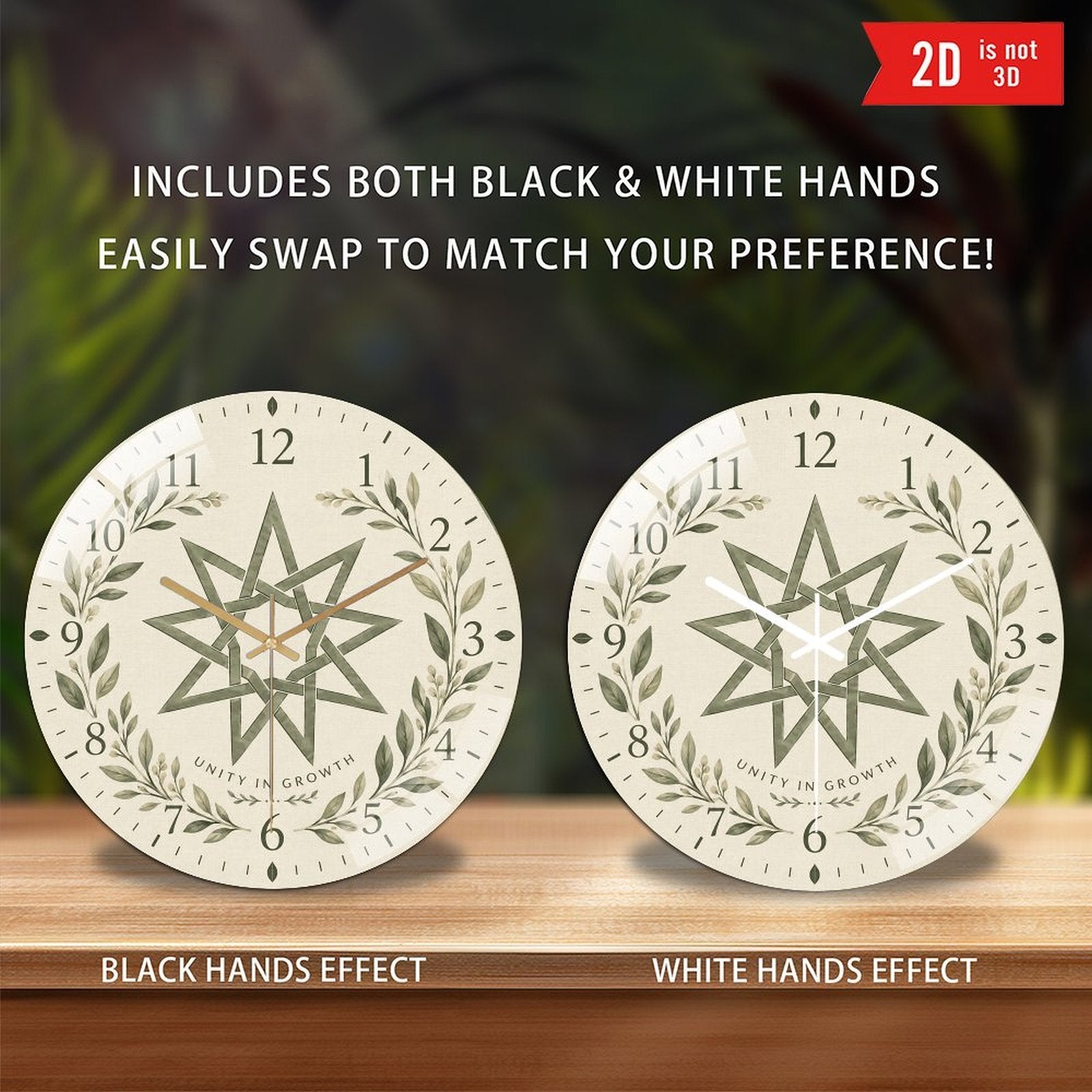 Bahá’í Nine-Pointed Star Silent Wall Clock – Unity in Growth Botanical Design, 8-Inch Flat Acrylic Clock
