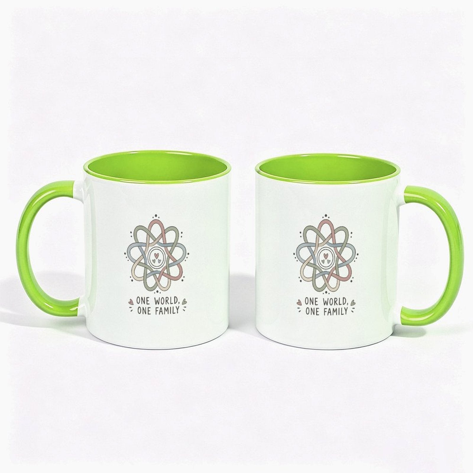 One World One Family 11oz Two-Tone Ceramic Mug – Fluorescent Green Interior & Handle