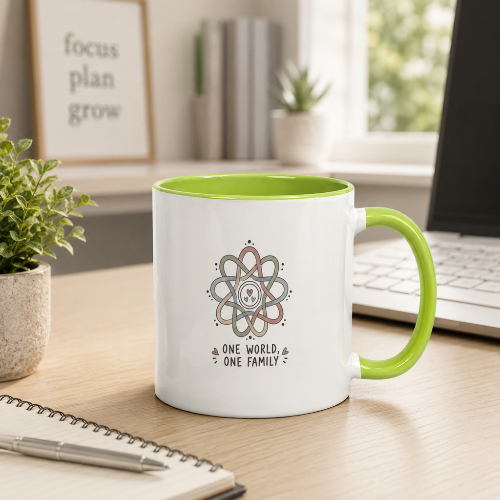 One World One Family 11oz Two-Tone Ceramic Mug – Fluorescent Green Interior & Handle