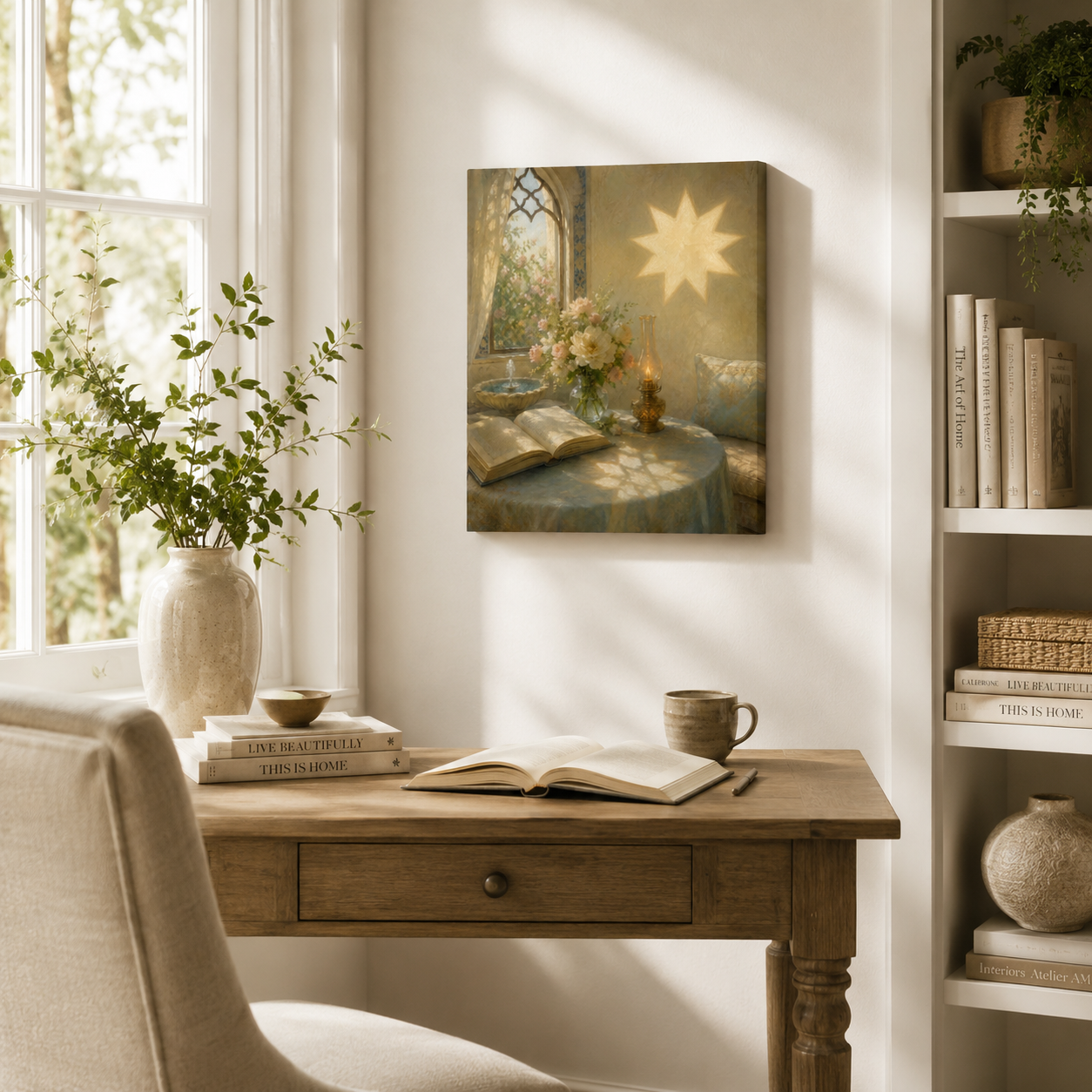 Radiant Nine-Pointed Star Reading Nook Framed Canvas Wall Art – Floral Vintage Interior Painting