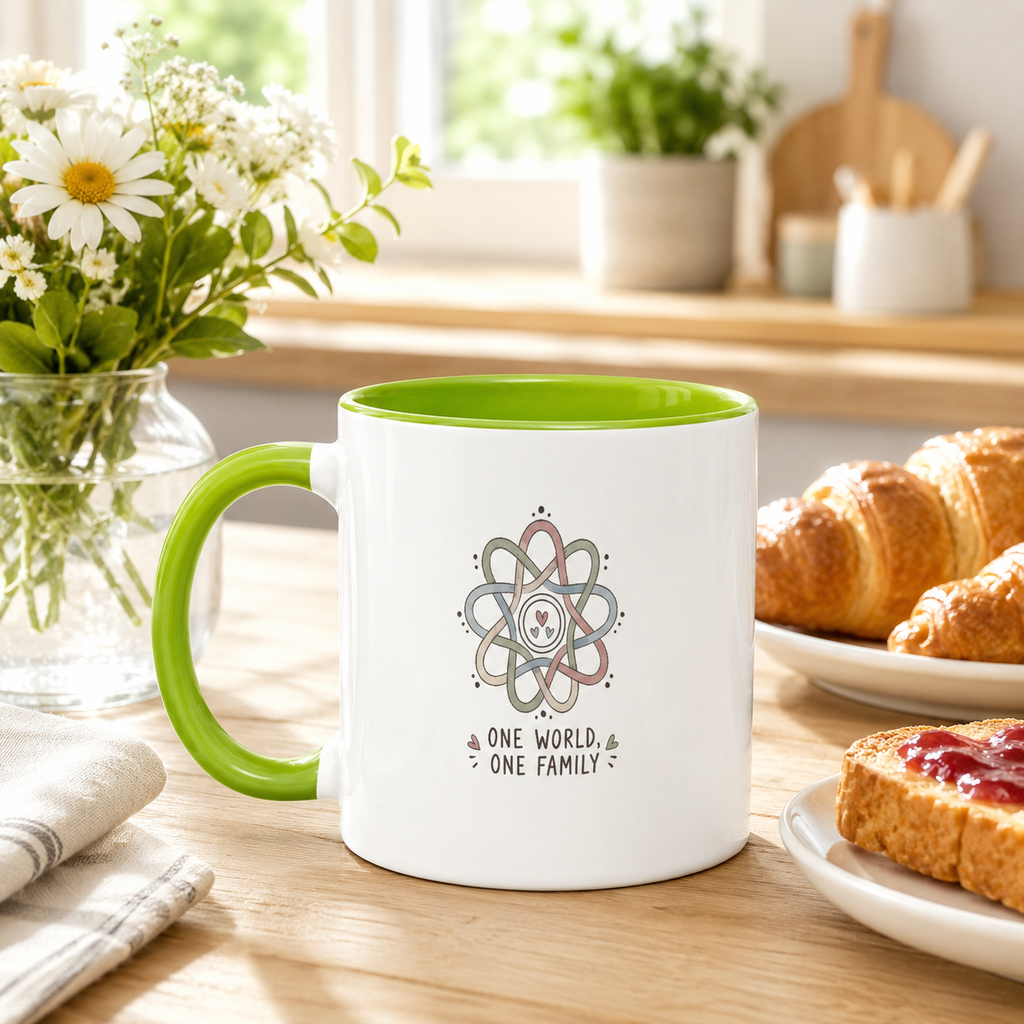 One World One Family 11oz Two-Tone Ceramic Mug – Fluorescent Green Interior & Handle