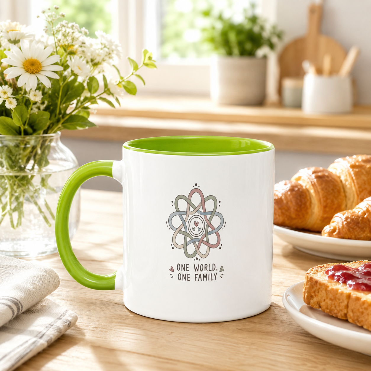 One World One Family 11oz Two-Tone Ceramic Mug – Fluorescent Green Interior & Handle