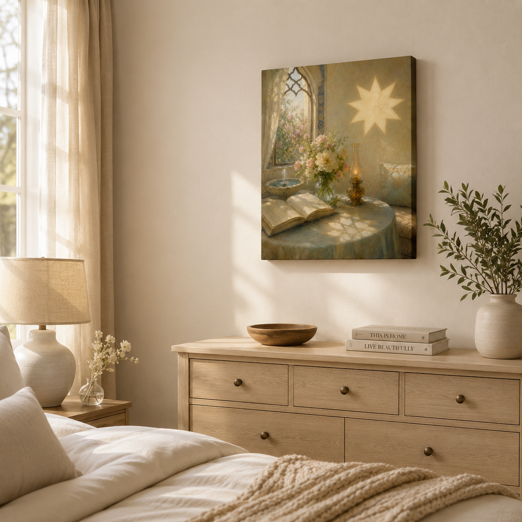 Radiant Nine-Pointed Star Reading Nook Framed Canvas Wall Art – Floral Vintage Interior Painting