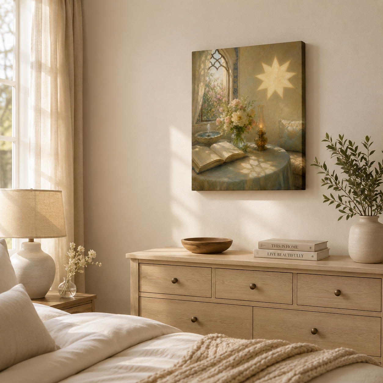 Radiant Nine-Pointed Star Reading Nook Framed Canvas Wall Art – Floral Vintage Interior Painting