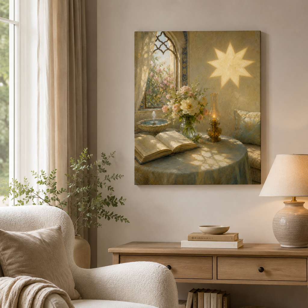 Radiant Nine-Pointed Star Reading Nook Framed Canvas Wall Art – Floral Vintage Interior Painting