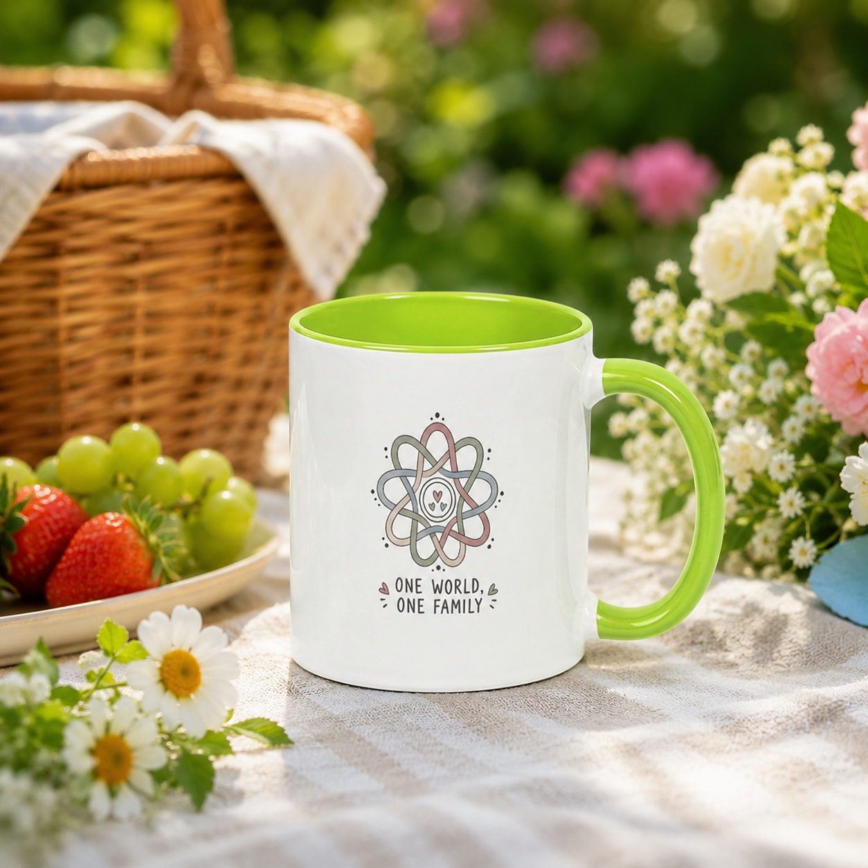 One World One Family 11oz Two-Tone Ceramic Mug – Fluorescent Green Interior & Handle