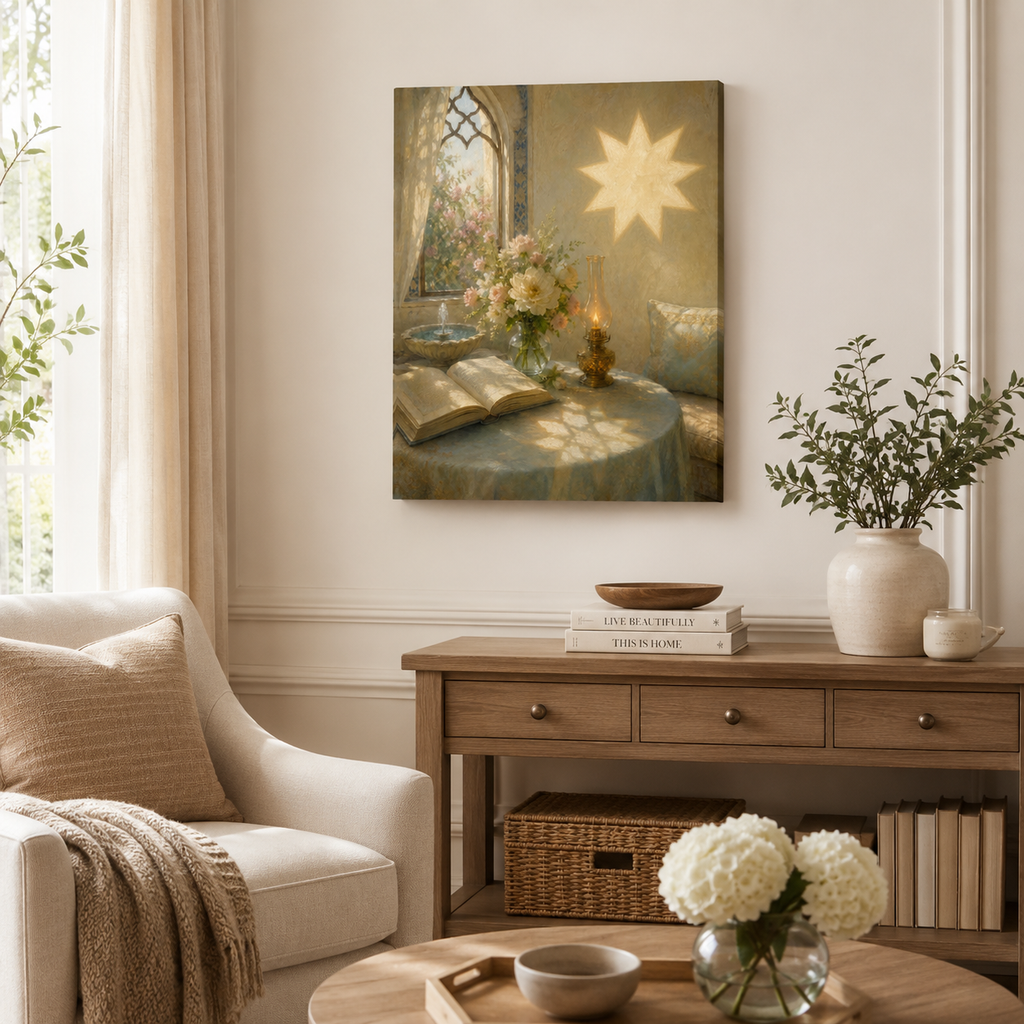 Radiant Nine-Pointed Star Reading Nook Framed Canvas Wall Art – Floral Vintage Interior Painting